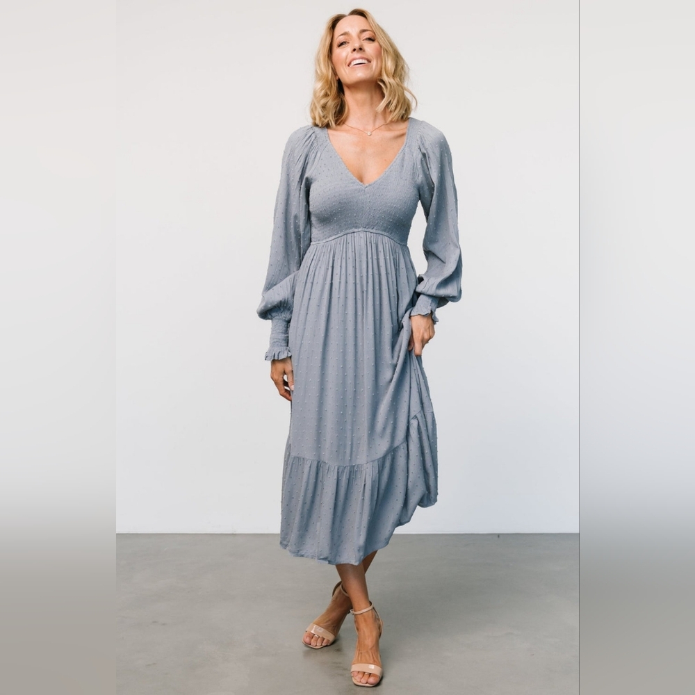 Baltic Born Lainey Smocked Dotted Midi Dress Size M Dusty Blue